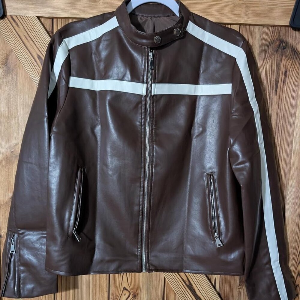 Women's Brown Faux Leather Zip Up Moto Biker Y2K Racing Bomber Jackets